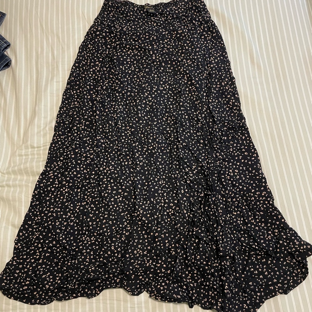 Black Floral Midi Skirt - Women's Flowing A-Line